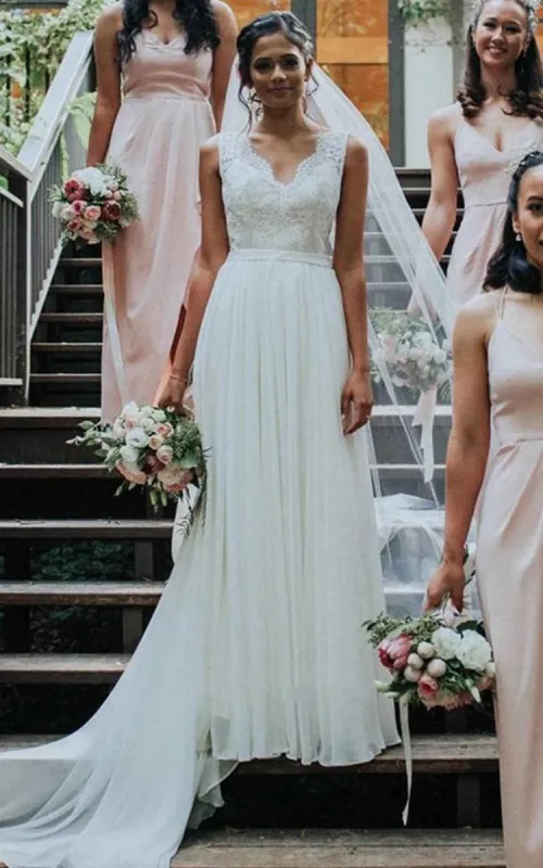 Bohemian A Line  Sweep-Train Chiffon Lace Scalloped Sleeveless Wedding Dress sold by KissProm