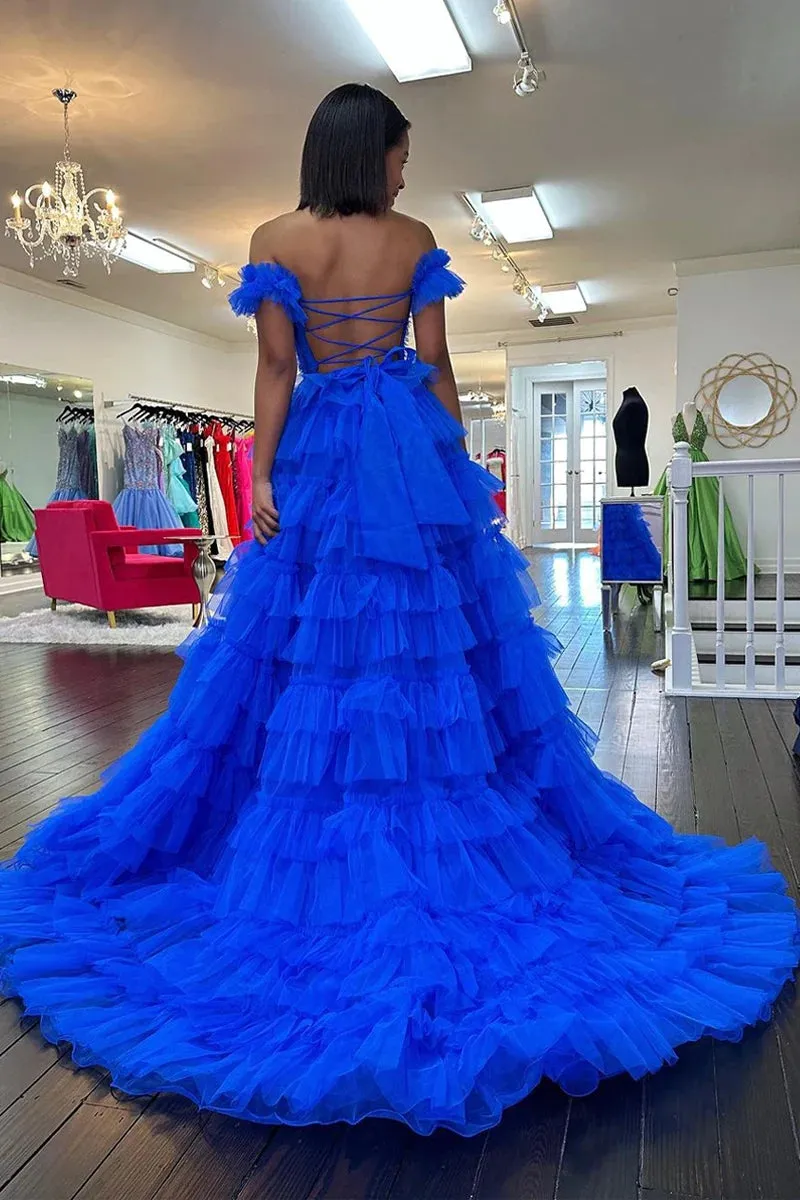 Adalynn | Royal Blue Off the Shoulder Ruffle Tiered Tulle Long Prom Dresses with Slit sold by KissProm product image thumbnail 2