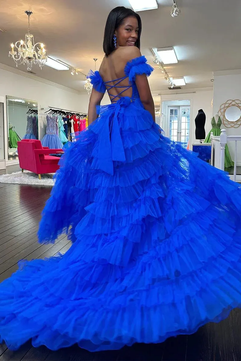 Adalynn | Royal Blue Off the Shoulder Ruffle Tiered Tulle Long Prom Dresses with Slit sold by KissProm product image thumbnail 3