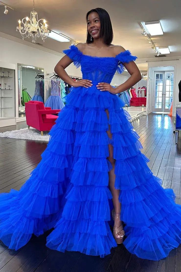 Adalynn | Royal Blue Off the Shoulder Ruffle Tiered Tulle Long Prom Dresses with Slit sold by KissProm