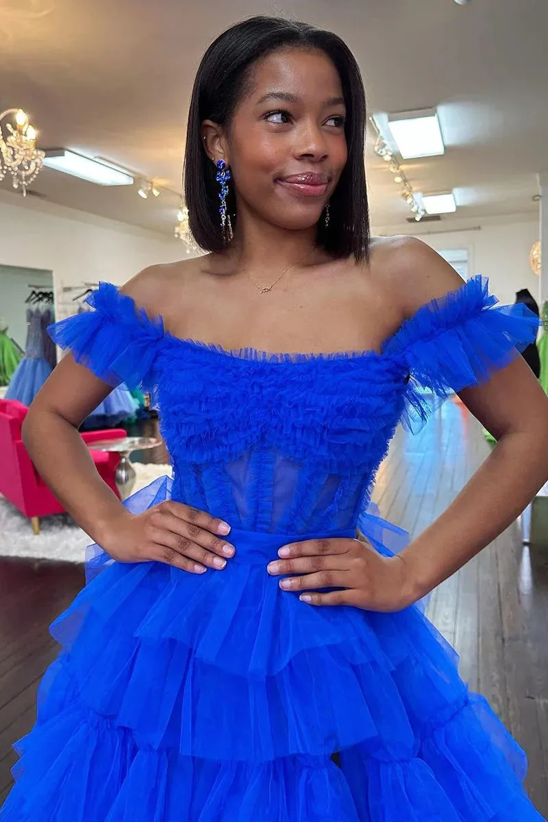 Adalynn | Royal Blue Off the Shoulder Ruffle Tiered Tulle Long Prom Dresses with Slit sold by KissProm product image thumbnail 4