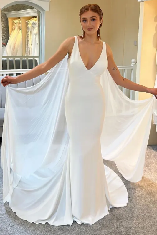 White Plunge V Mermaid Long Wedding Dress with Detachable Cape sold by KissProm