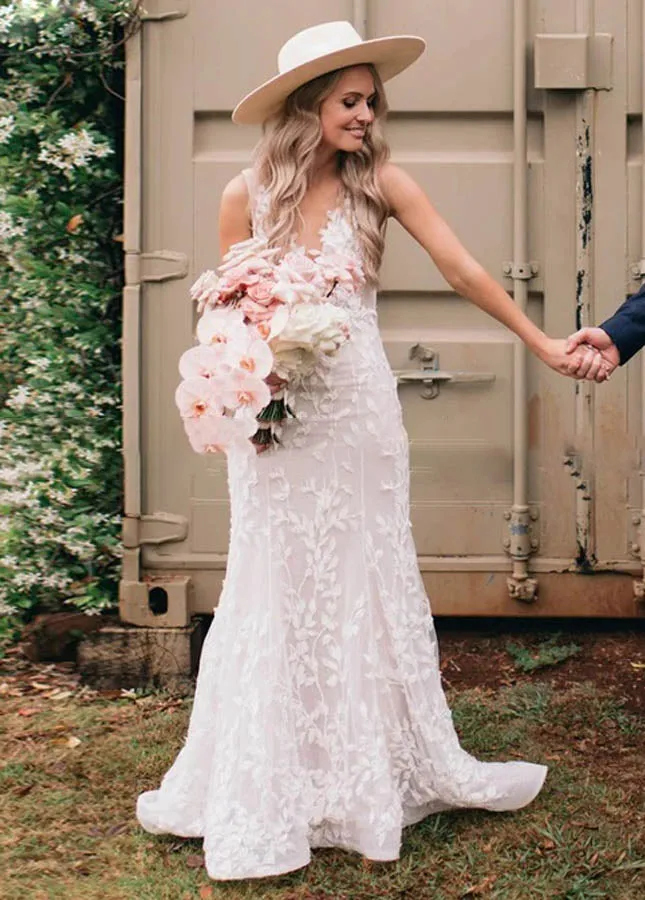 Leaf Lace Appliques Mermaid V-Neck Backless Long Women Wedding Bridal Dresses sold by KissProm product image thumbnail 2