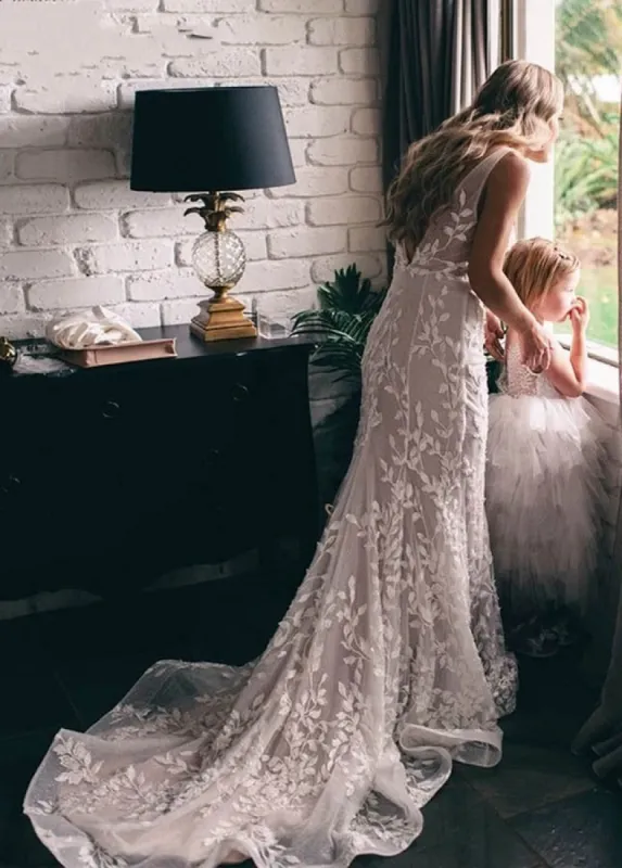Leaf Lace Appliques  Mermaid V-Neck Backless Long Women Wedding Bridal Dresses sold by KissProm