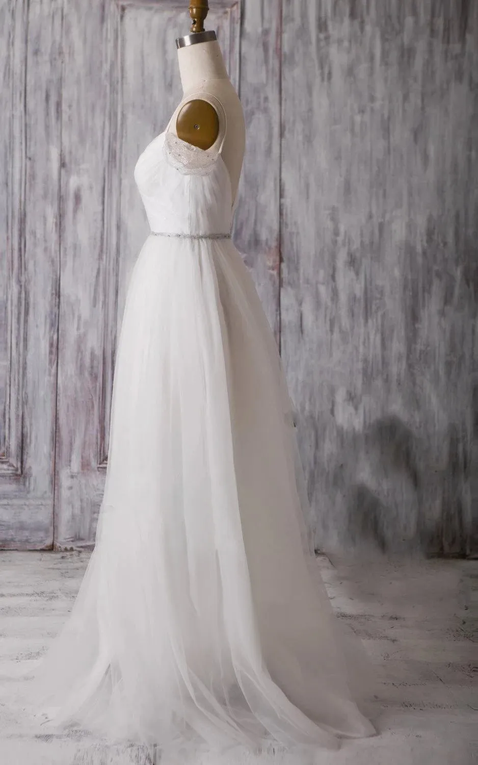 Spaghetti Strap Long A-Line Tulle Wedding Dress with Crisscross Ruching sold by KissProm product image thumbnail 3