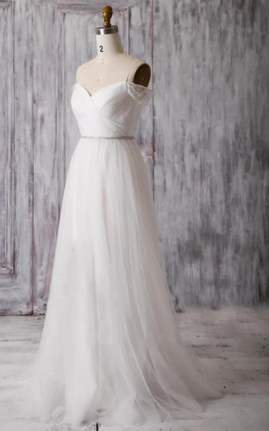 Spaghetti Strap Long A-Line Tulle Wedding Dress with Crisscross Ruching sold by KissProm product image thumbnail 5