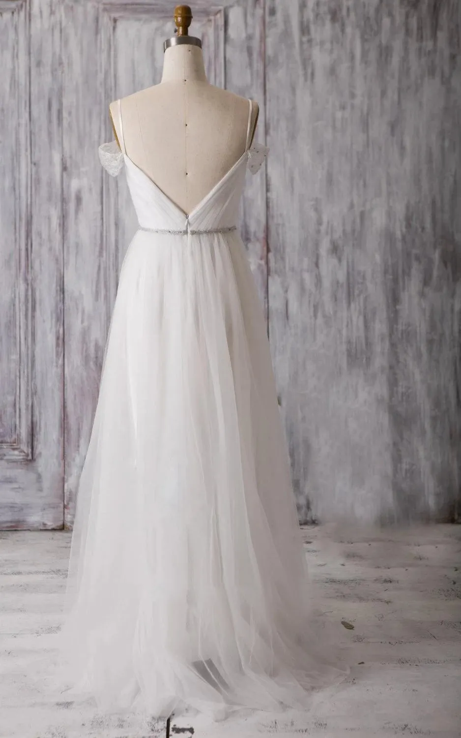 Spaghetti Strap Long A-Line Tulle Wedding Dress with Crisscross Ruching sold by KissProm product image thumbnail 2