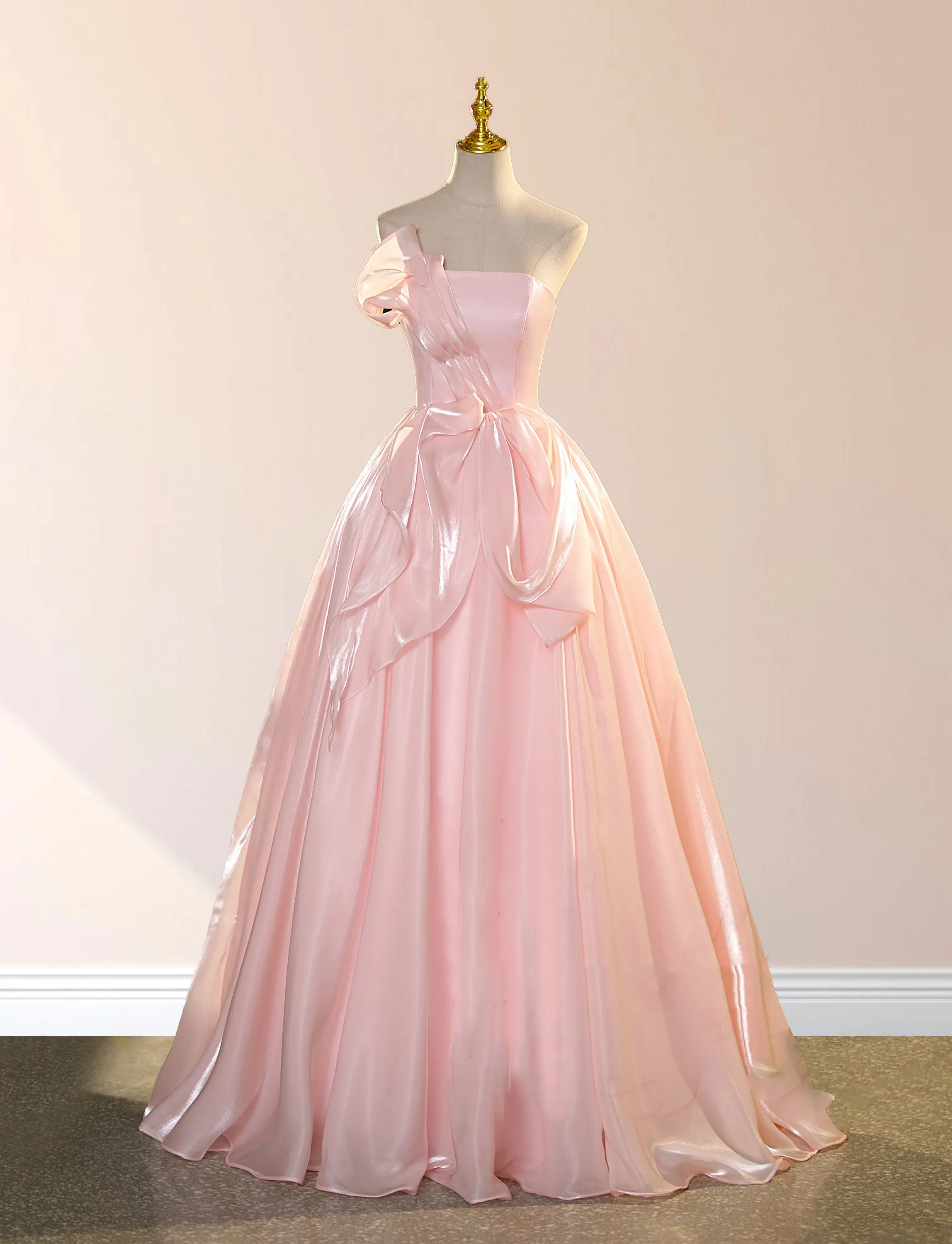 Elegant Shiny Pink Organza Strapless Quinceanera Dresses sold by KissProm