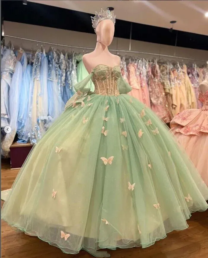 Ball Gown Light Green Tulle Quinceanera Dress With Butterflies sold by KissProm product image thumbnail 3