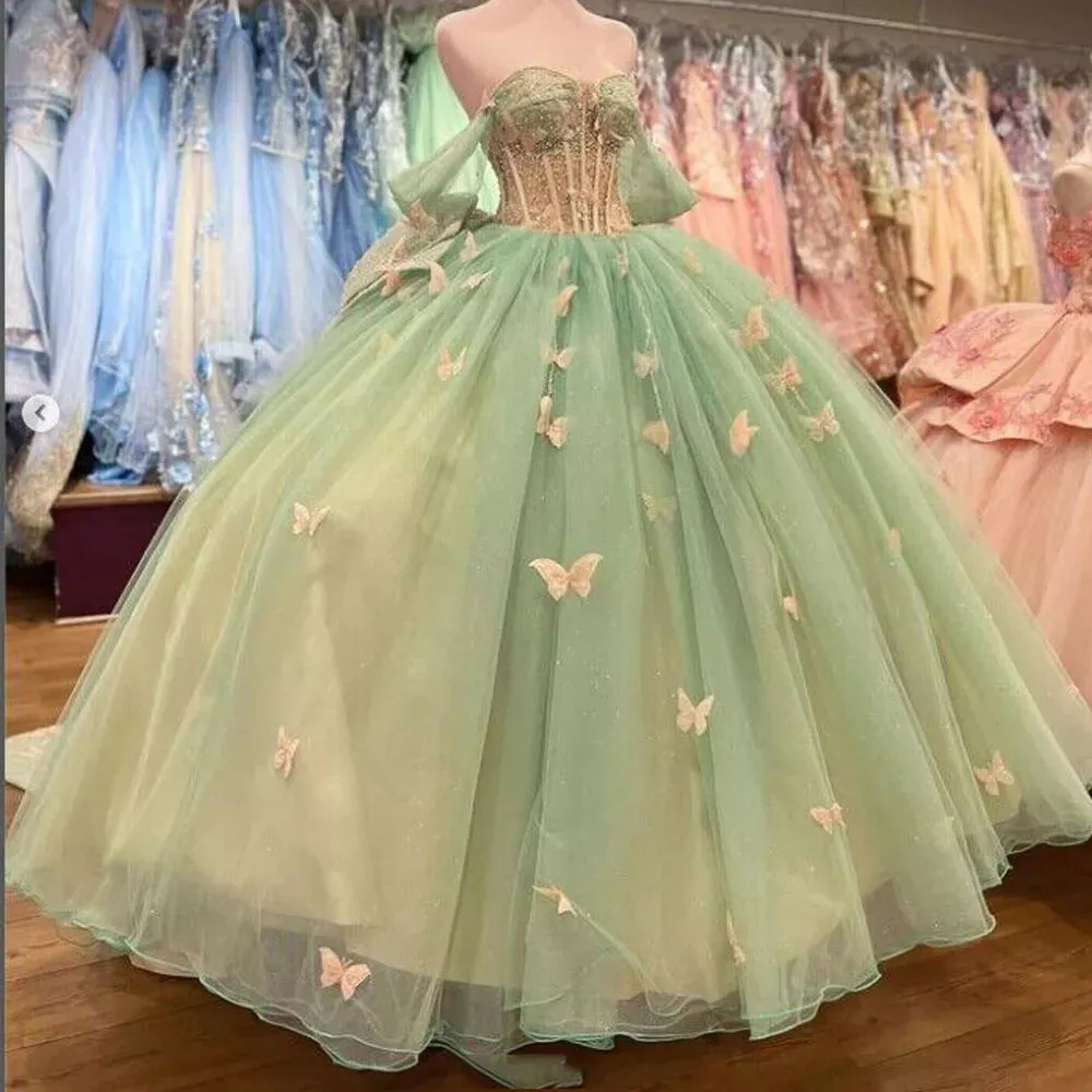Ball Gown Light Green Tulle Quinceanera Dress With Butterflies sold by KissProm product image thumbnail 4