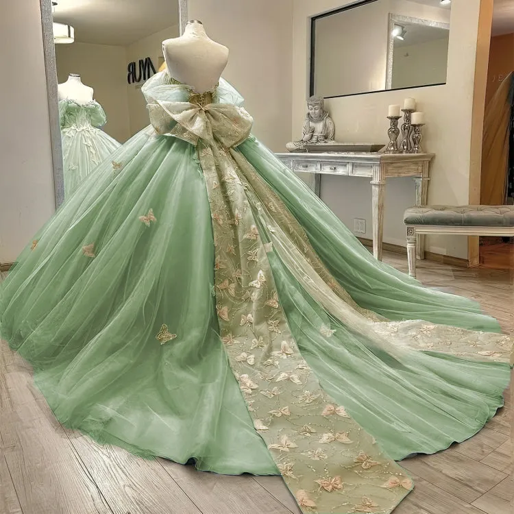 Ball Gown Light Green Tulle Quinceanera Dress With Butterflies sold by KissProm product image thumbnail 2