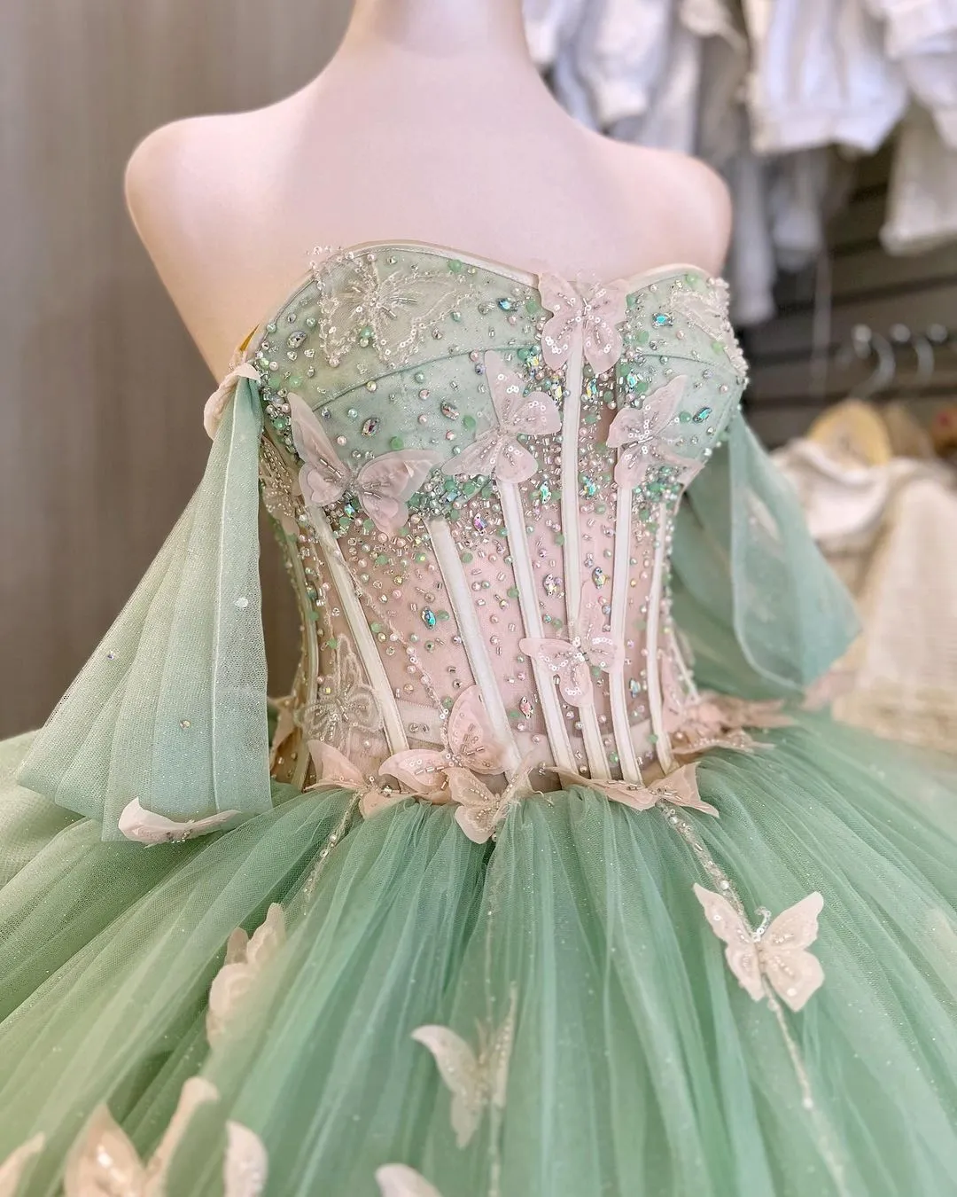Ball Gown Light Green Tulle Quinceanera Dress With Butterflies sold by KissProm