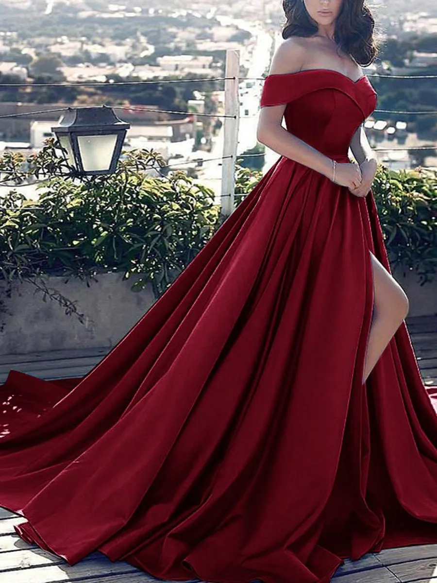 Noah | Off Shoulder Prom Dress Long Satin Formal Gowns with Slit sold by KissProm product image thumbnail 5