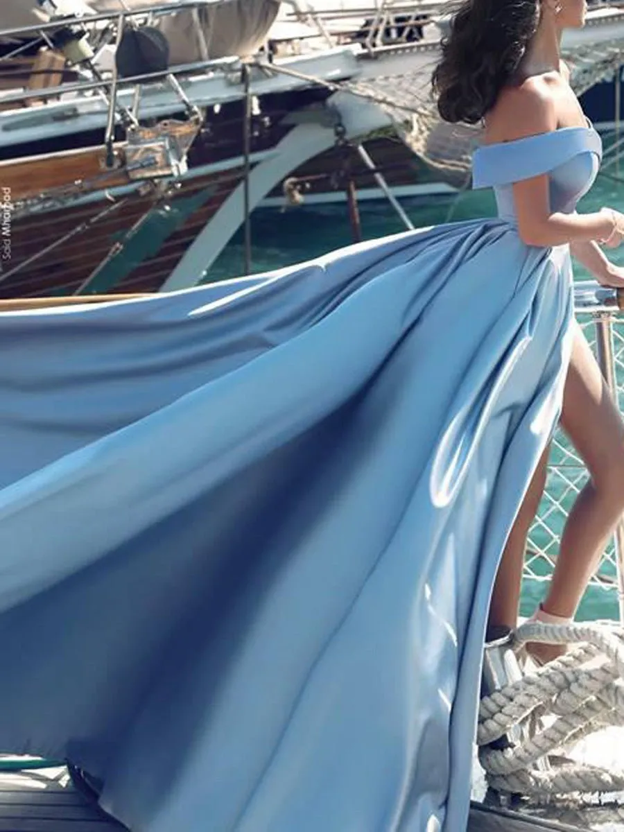 Noah | Off Shoulder Prom Dress Long Satin Formal Gowns with Slit sold by KissProm product image thumbnail 2