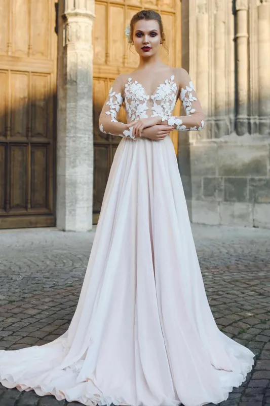 Bateau Illusion Long Sleeve Appliqued A-Line Chiffon Wedding Dress sold by KissProm