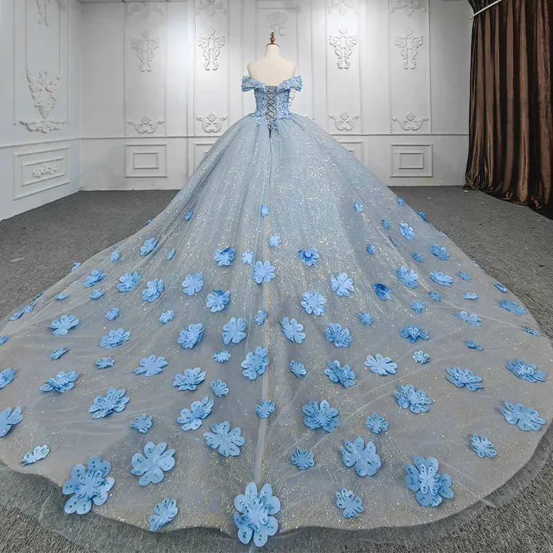 Quinceanera Blue Off-the-Shoulder Ball Gown Flower Dress sold by KissProm product image thumbnail 2