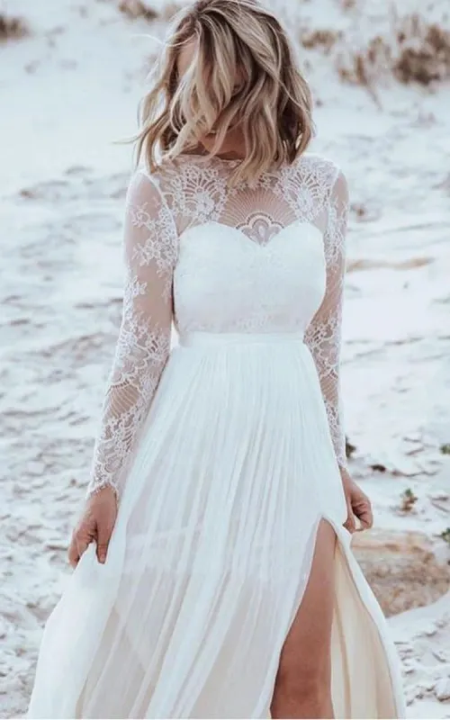 Casual Lace Bateau A Line Tulle Floor-length Wedding Dress with Split Front and Pleats sold by KissProm