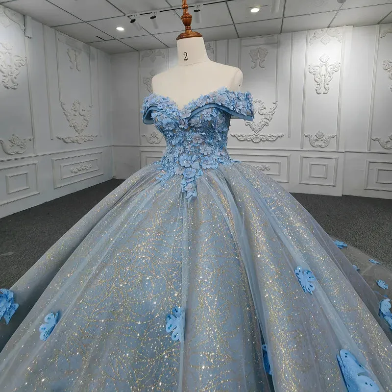 Quinceanera Blue Off-the-Shoulder Ball Gown Flower Dress sold by KissProm product image thumbnail 3