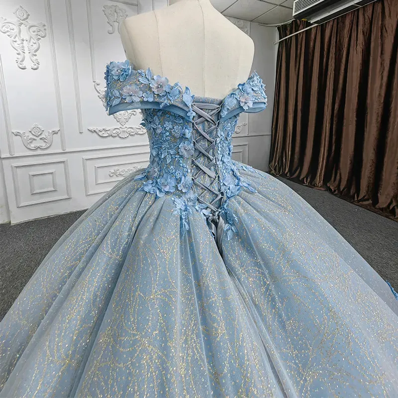 Quinceanera Blue Off-the-Shoulder Ball Gown Flower Dress sold by KissProm product image thumbnail 4