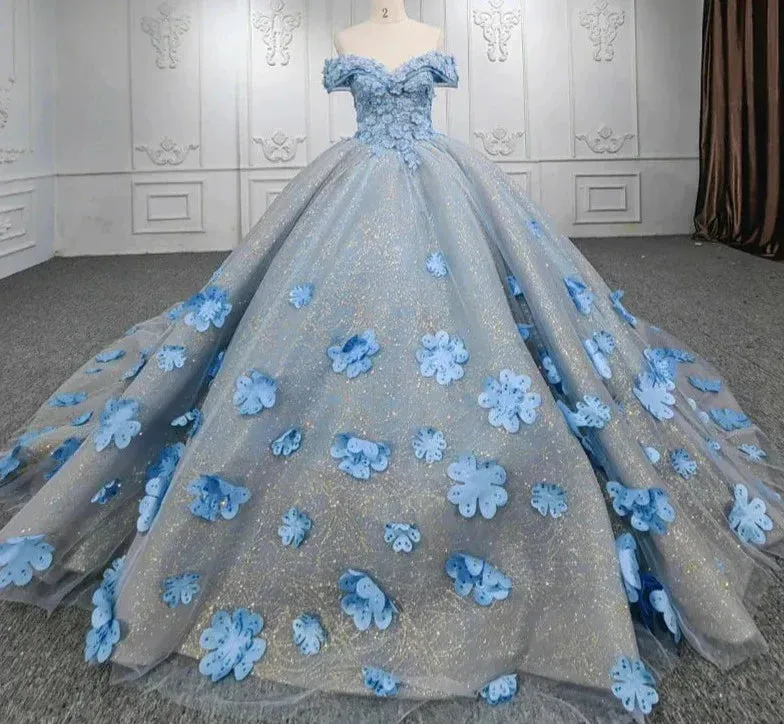 Quinceanera Blue Off-the-Shoulder Ball Gown Flower Dress sold by KissProm