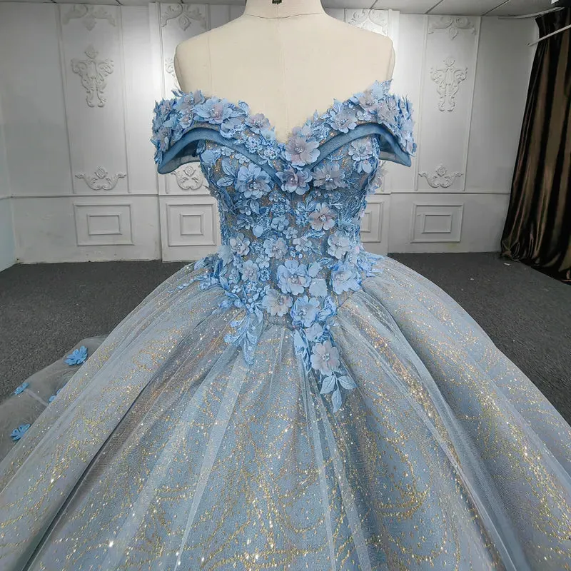 Quinceanera Blue Off-the-Shoulder Ball Gown Flower Dress sold by KissProm product image thumbnail 5