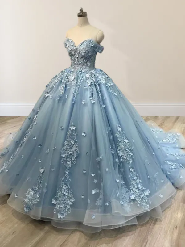 Lace Sky Blue Off the Shoulder Ball Gown Quinceanera Dresses sold by KissProm