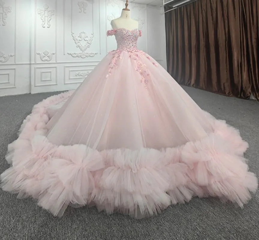Quinceanera Ball Gown  Off-the-Shoulder  Sequined Pink Dress sold by KissProm