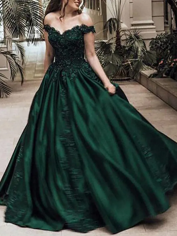 Louise | Ball Gown Off-the-Shoulder Sleeveless Sweep Train Satin Prom Dress With Appliqued Beading sold by KissProm