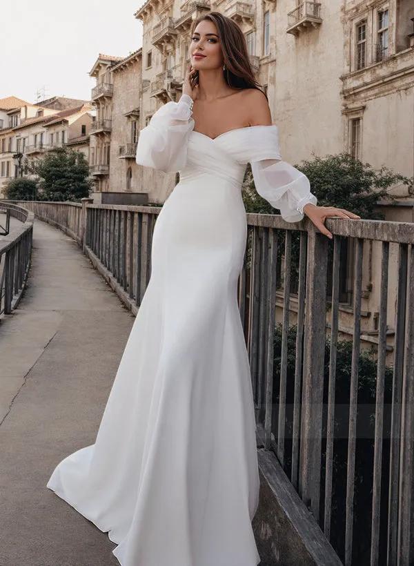 Mermaid Long Sleeves Wedding Dresses With Off-The-Shoulder Elastic Satin Simple sold by KissProm