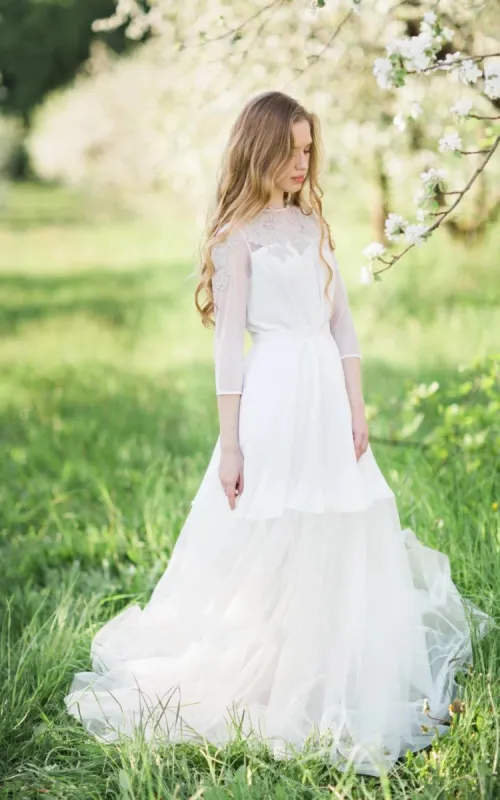 3/4-Sleeve Lace Appliques Button Back A-Line Tulle Wedding Dress sold by KissProm