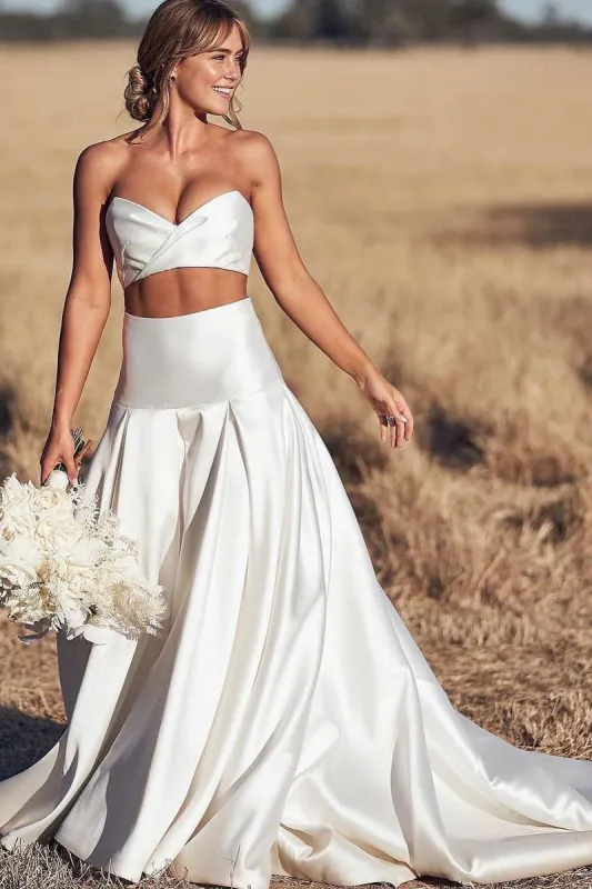 Charming A Line Two Piece Sweetheart Satin Wedding Dresses sold by KissProm