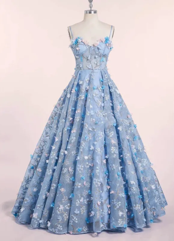Spaghetti Strap 3D Flower Applique Sky Blue Prom Dresses Ball Gowns sold by KissProm