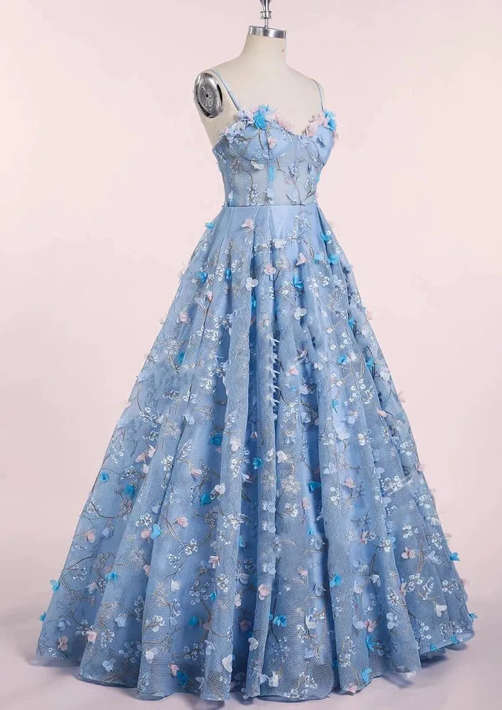 Spaghetti Strap 3D Flower Applique Sky Blue Prom Dresses Ball Gowns sold by KissProm product image thumbnail 2