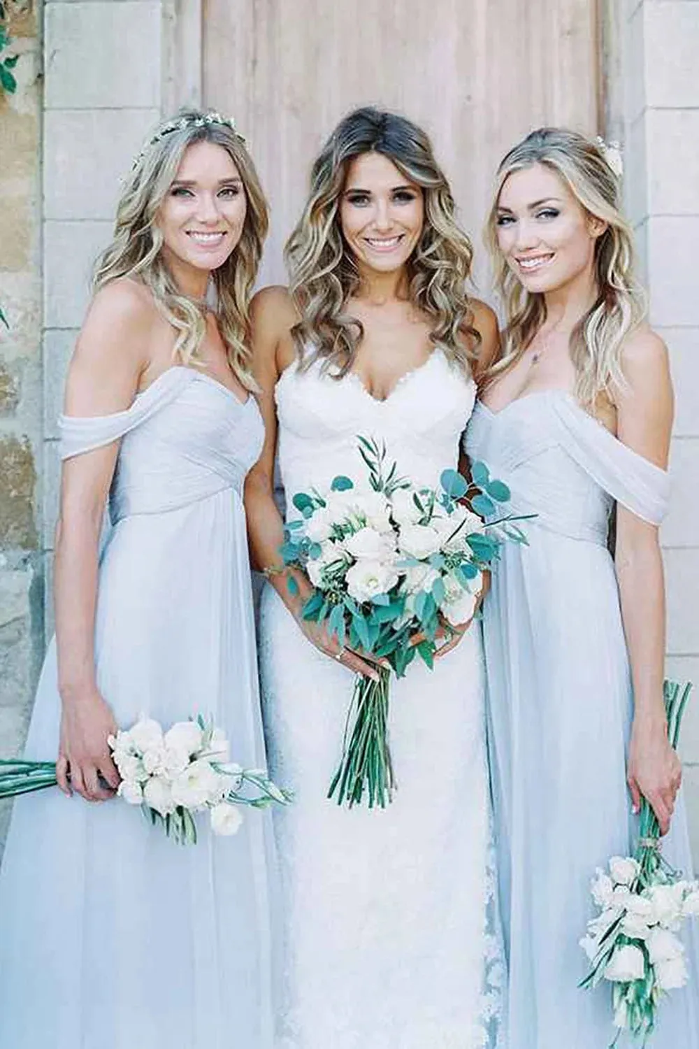 Light Blue A-Line Off the Shoulder Long Chiffon Boho Bridesmaid Dress sold by KissProm