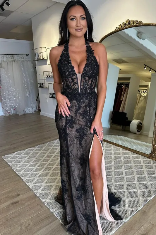 Melissa | Black Halter Lace Appliques Mermaid Long Prom Dresses with Slit sold by KissProm