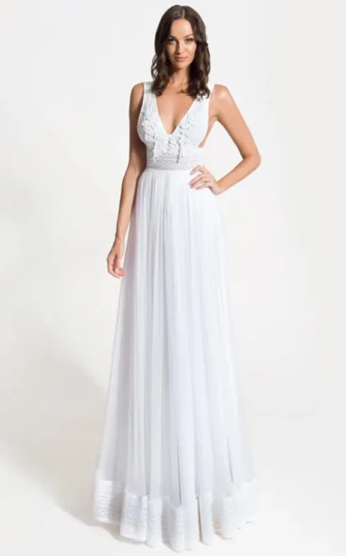 Grecian A-Line V-neck Lace Tulle Wedding Dress With Open Back And Appliques sold by KissProm