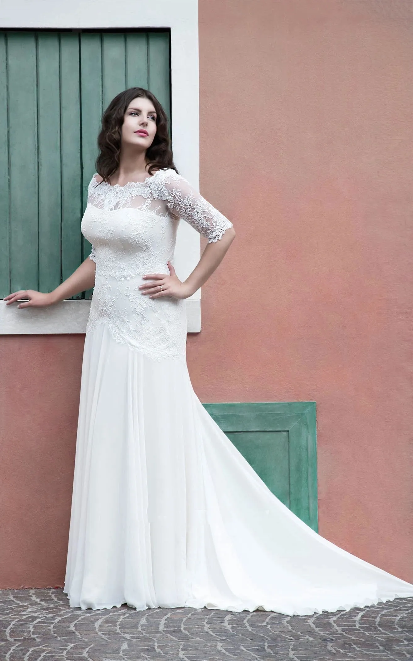 Simple Lace Appliques A-Line Half Sleeve Chiffon Wedding Bridal Gown sold by KissProm