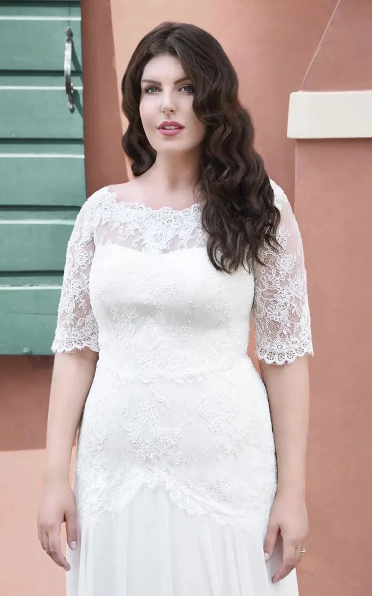 Simple Lace Appliques A-Line Half Sleeve Chiffon Wedding Bridal Gown sold by KissProm product image thumbnail 2
