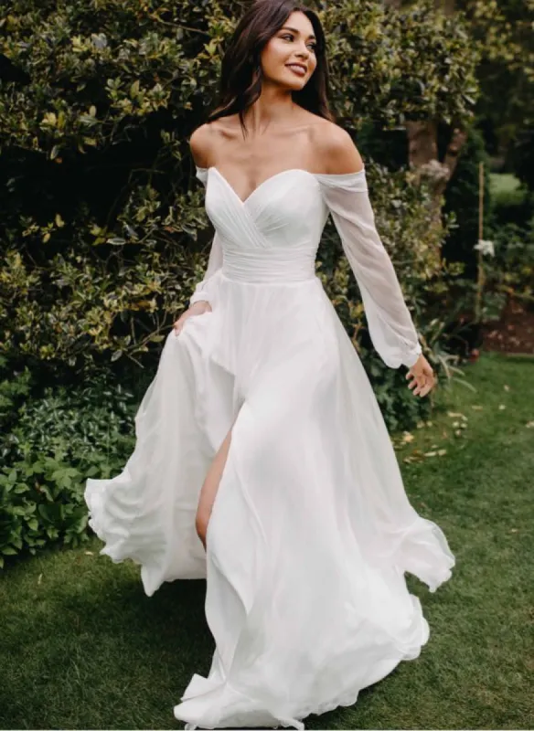 A-Line Off-The-Shoulder Long Sleeves Wedding Dresses With Chiffon Slit sold by KissProm