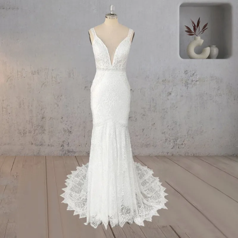 Mermaid White V Neck Illusion Wedding Dress sold by KissProm
