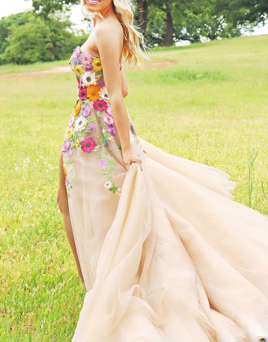 Adeline | Champagne A Line Sweetheart Flower Long Prom Dress With Appliques sold by KissProm product image thumbnail 2