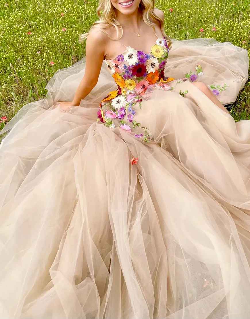 Adeline | Champagne A Line Sweetheart Flower Long Prom Dress With Appliques sold by KissProm