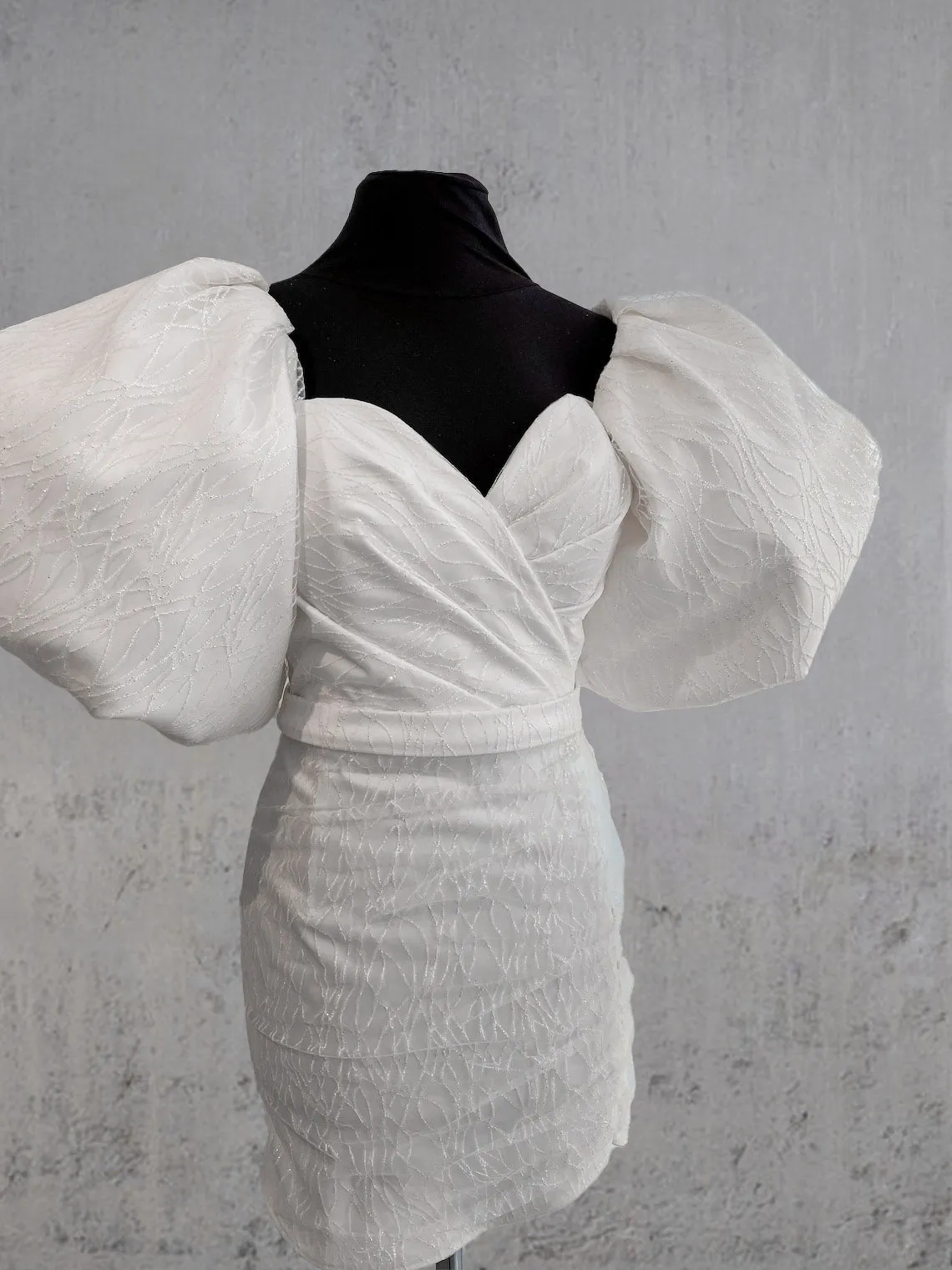 Madison | Sheath White Puff Sleeves Short V-Neck Wedding Dress sold by KissProm product image thumbnail 4