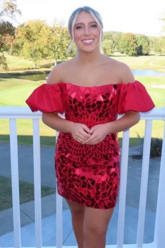 Cindy | Black Cut Glass Mirror Off-the-Shoulder Short Party Dress sold by KissProm