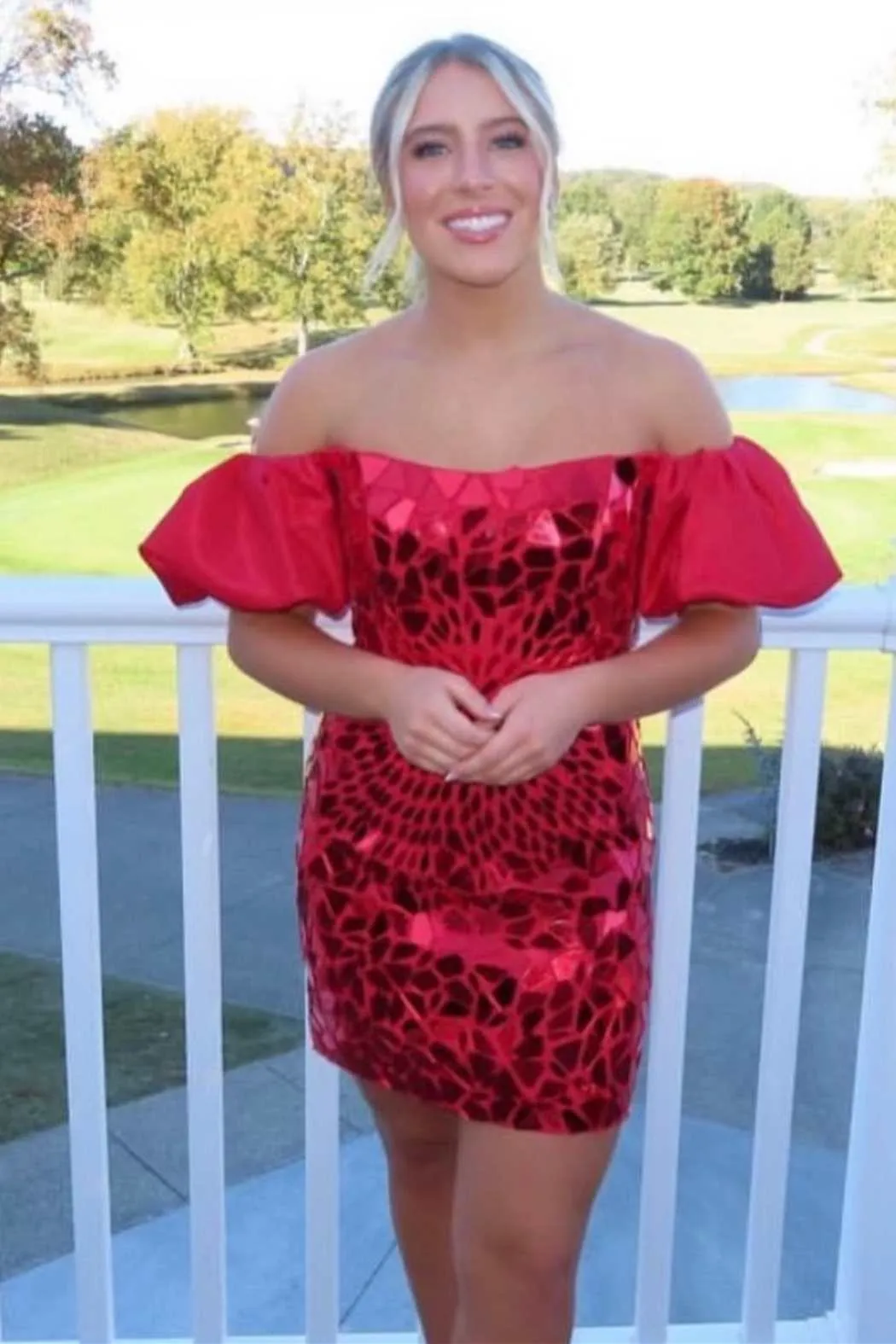 Cindy | Black Cut Glass Mirror Off-the-Shoulder Short Party Dress sold by KissProm