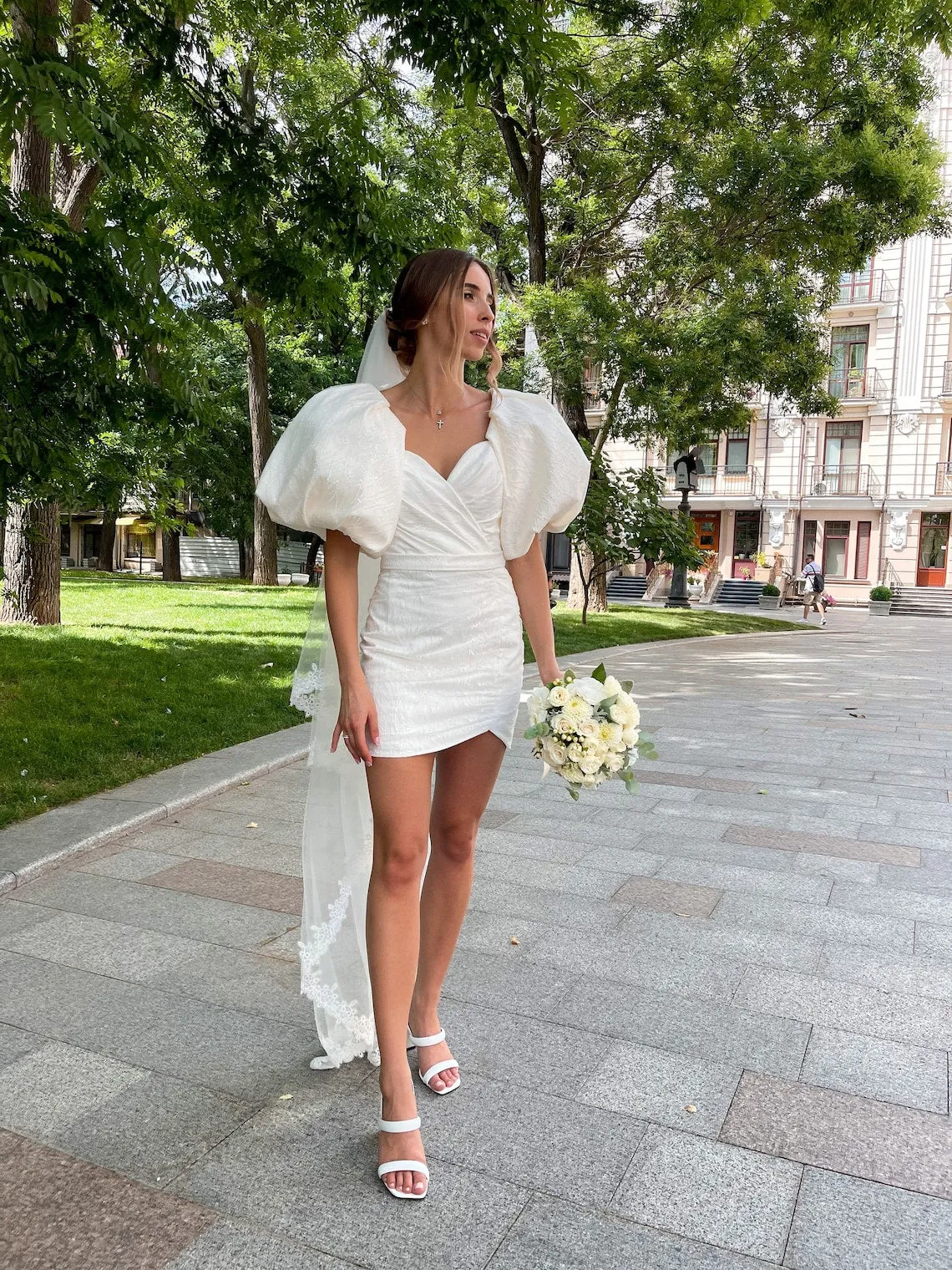 Madison | Sheath White Puff Sleeves Short V-Neck Wedding Dress sold by KissProm