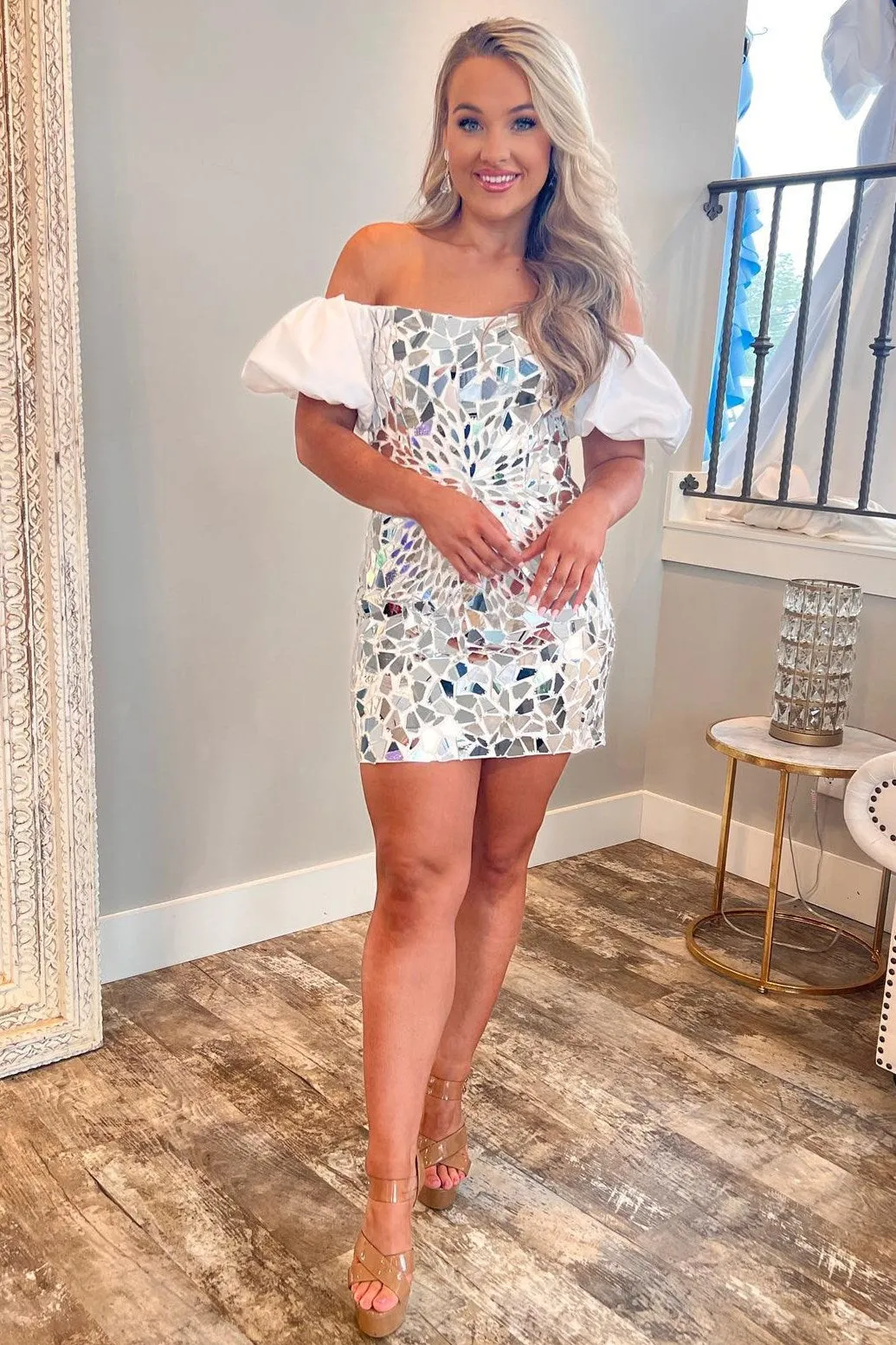 Cindy | Black Cut Glass Mirror Off-the-Shoulder Short Party Dress sold by KissProm product image thumbnail 2