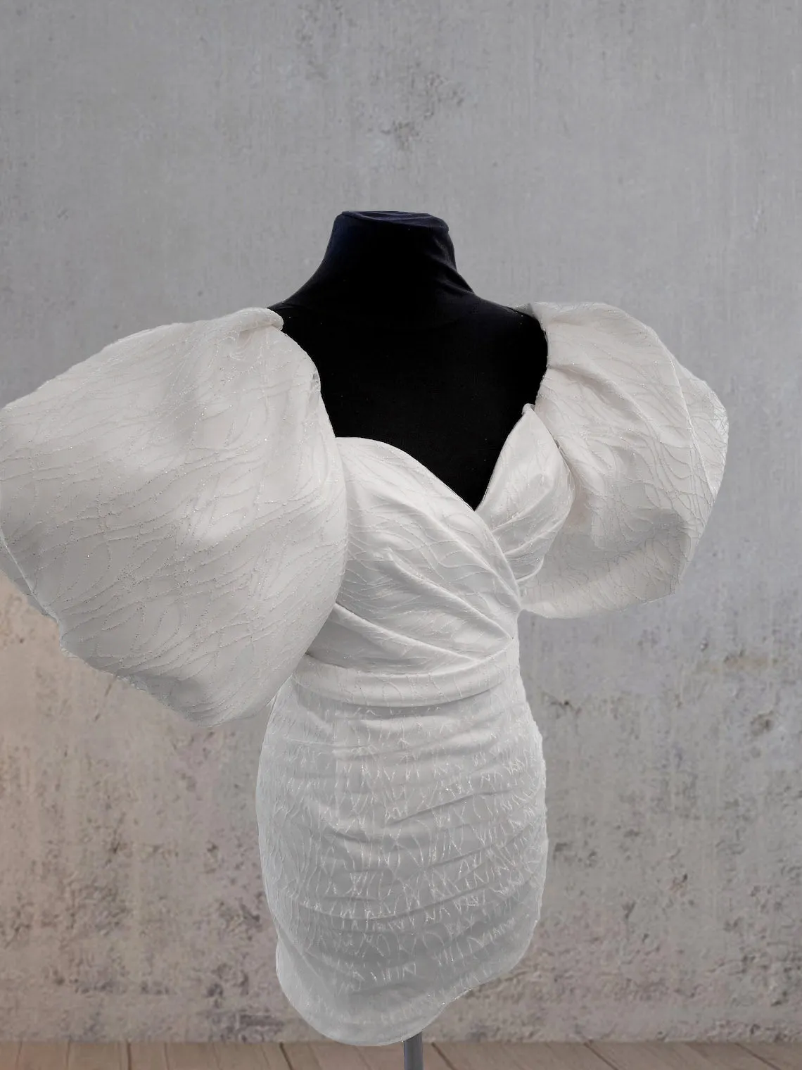 Madison | Sheath White Puff Sleeves Short V-Neck Wedding Dress sold by KissProm product image thumbnail 3