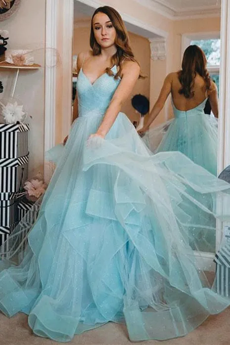 Open Back Glittering Light Blue Long Prom Dress with Ruffles sold by KissProm product image thumbnail 2