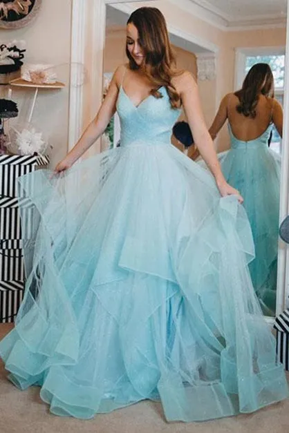 Open Back Glittering Light Blue Long Prom Dress with Ruffles sold by KissProm